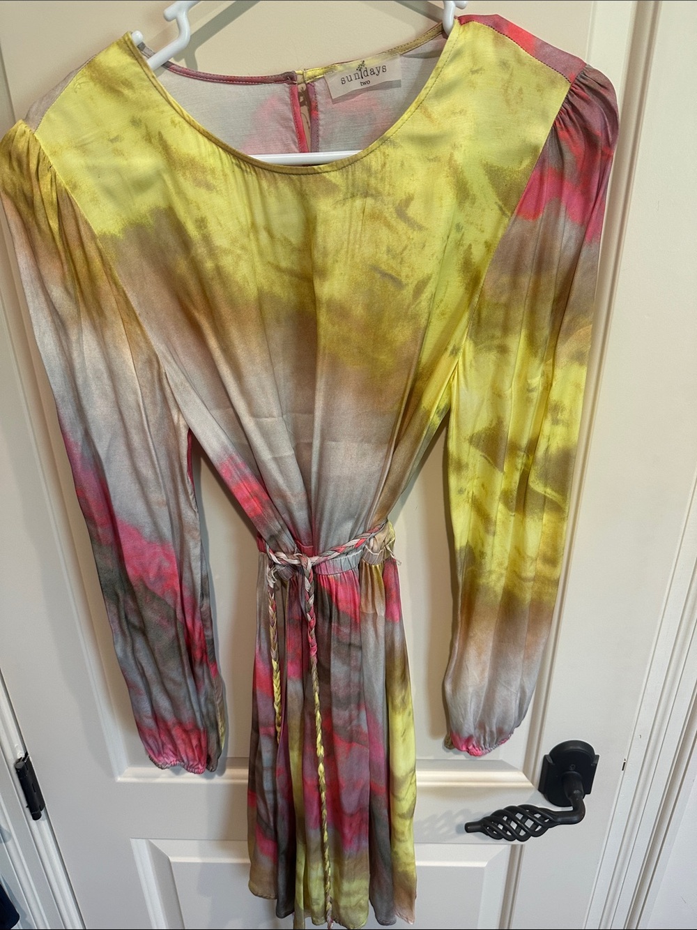 sundays Yellow Pink Multi Long Sleeve Tie-Waist Dress